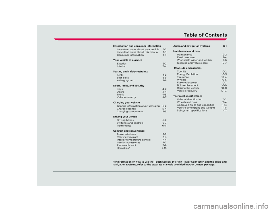 TESLA ROADSTER 2008  Owners Manual Table of Contents
For information on how to use the Touch Screen, the High Power Connector, and the audio and 
navigation systems, refer to the separate manuals provided in your owners package.Introdu