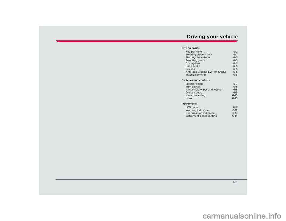 TESLA ROADSTER 2008  Owners Manual 6-1
Driving your vehicle
Driving basicsKey positions  6-2
Steering column lock  6-2
Starting the vehicle  6-3
Selecting gears  6-3
Driving tips  6-3
Hand brake  6-5
Braking  6-5
Anti-lock Braking Syst