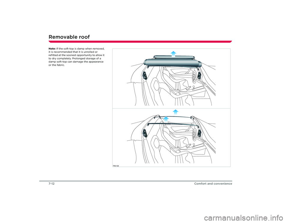 TESLA ROADSTER 2008 Repair Manual Removable roof7-12
Comfort and convenience
Note: If the soft-top is damp when removed, 
it is recommended that it is unrolled or 
refitted at the soonest opportunity to allow it 
to dry completely. Pr