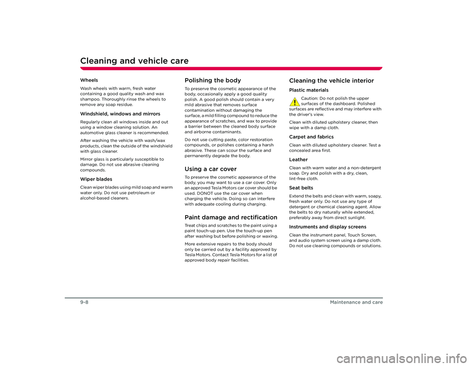 TESLA ROADSTER 2008  Owners Manual Cleaning and vehicle care9-8
Maintenance and care
WheelsWash wheels with warm, fresh water 
containing a good quality wash and wax 
shampoo. Thoroughly rinse the wheels to 
remove any soap residue.Win