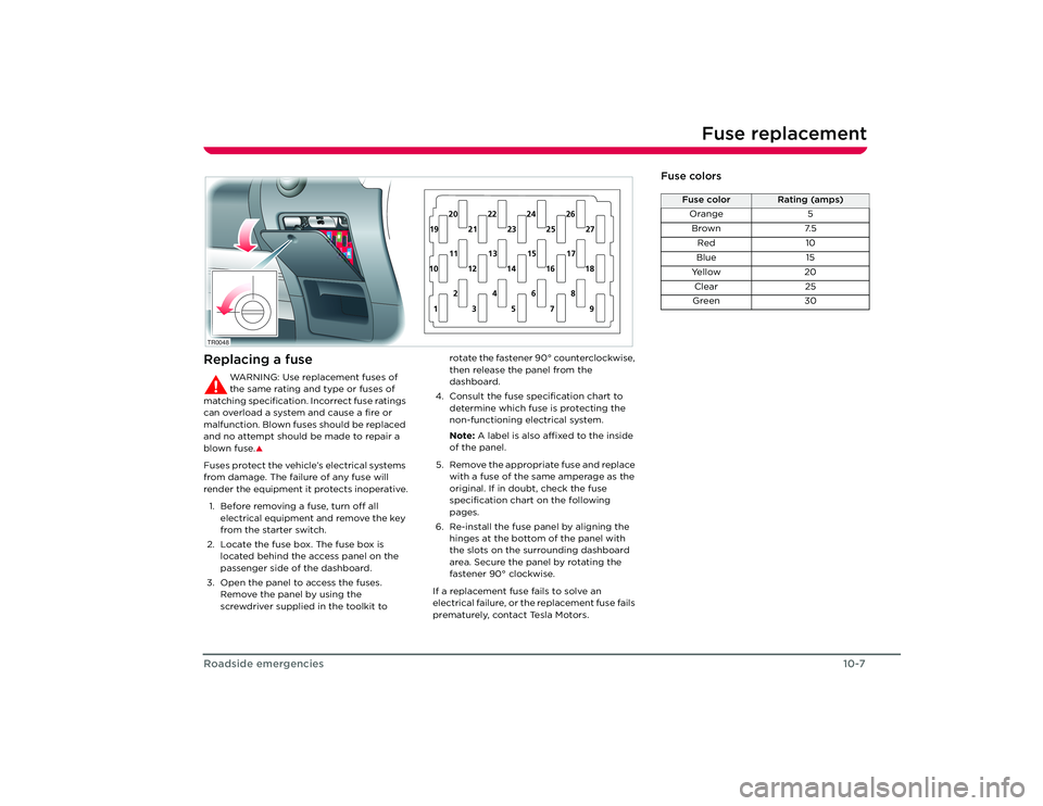 TESLA ROADSTER 2008  Owners Manual Fuse replacement
10-7
Roadside emergencies
Fuse replacementReplacing a fuse
WARNING: Use replacement fuses of 
the same rating and type or fuses of 
matching specification. Incorrect fuse ratings 
can