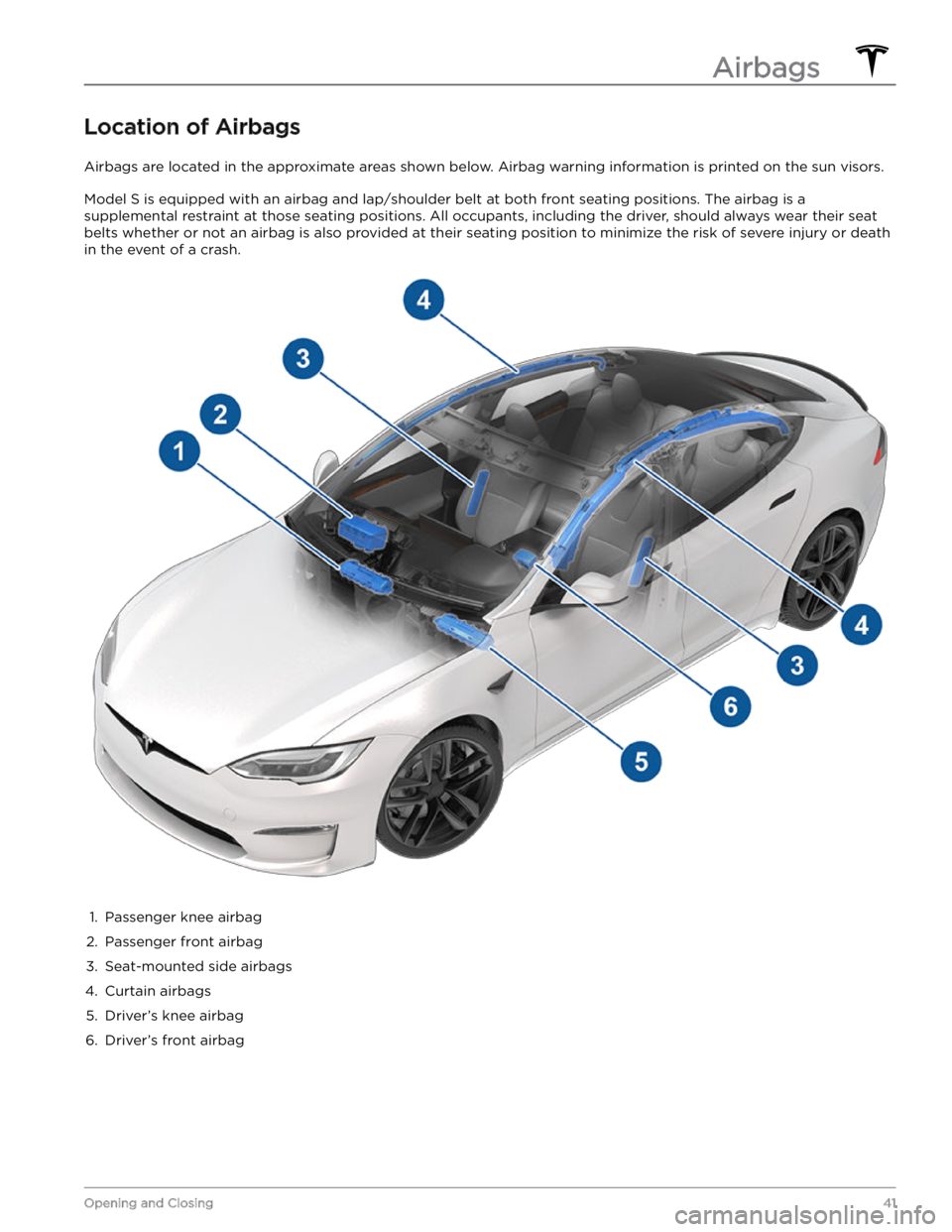 TESLA MODEL S 2023  Owners Manual Location of Airbags
Airbags are located in the approximate areas shown below. Airbag warning information is printed on the sun visors.
Model S is equipped with an airbag and lap/shoulder belt at both 