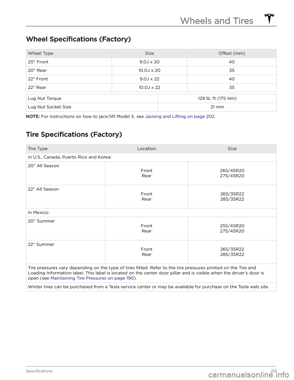 TESLA MODEL X 2023  Owners Manual Wheel Specifications (Factory)
Wheel TypeSizeOffset (mm)20" Front9.0J x 204020" Rear10.0J x 203522" Front9.0J x 224022" Rear10.0J x 2235Lug Nut Torque129 lb. ft (175 Nm)Lug Nut Socket 