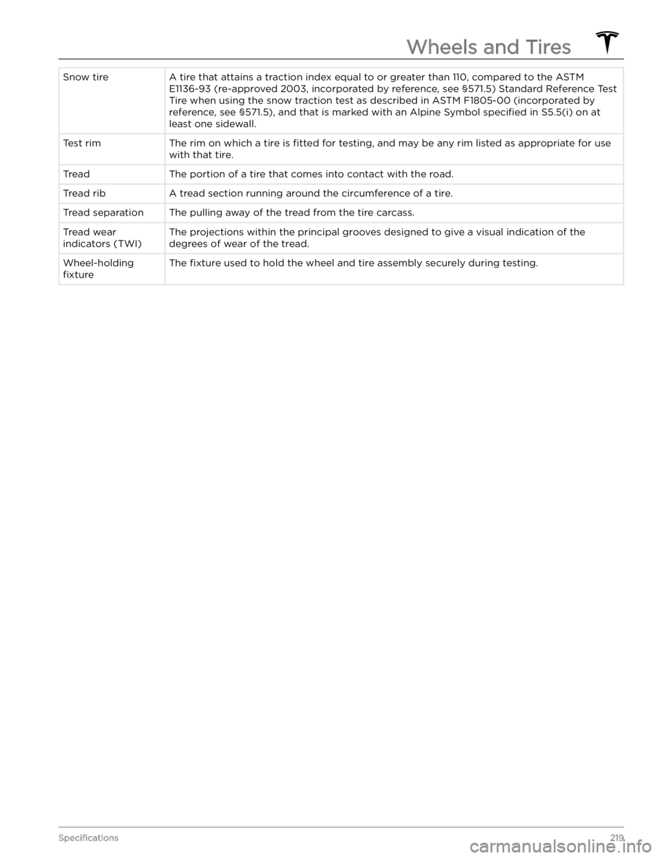 TESLA MODEL X 2023  Owners Manual Snow tireA tire that attains a traction index equal to or greater than 110, compared to the ASTM 
E1136-93 (re-approved 2003, incorporated by reference, see 