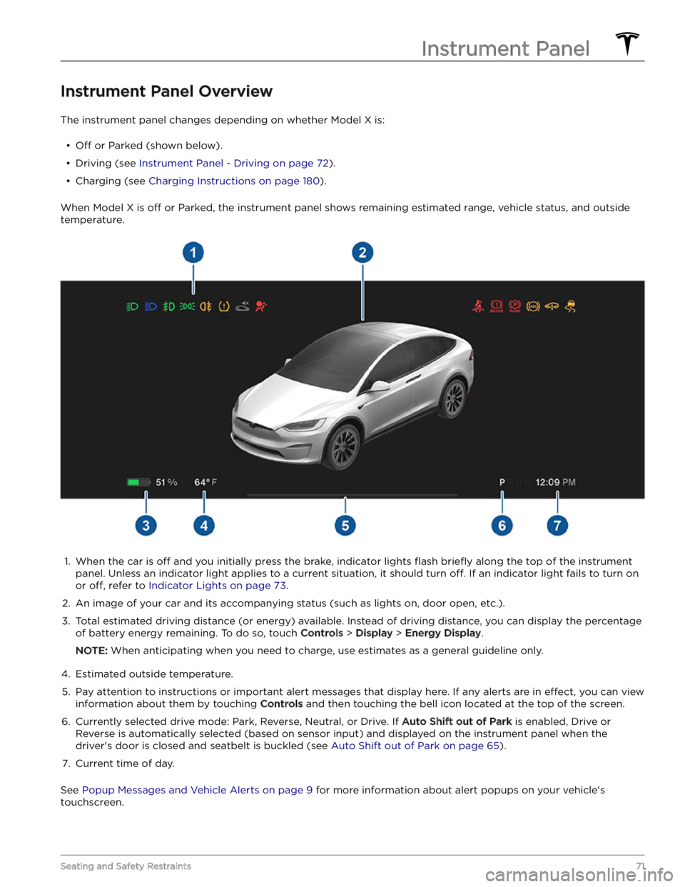 TESLA MODEL X 2023 Manual PDF Instrument Panel Overview
The instrument panel changes depending on whether Model X is:
TESLA MODEL X 2023 Manual PDF Instrument Panel Overview
The instrument panel changes depending on whether Model X is: