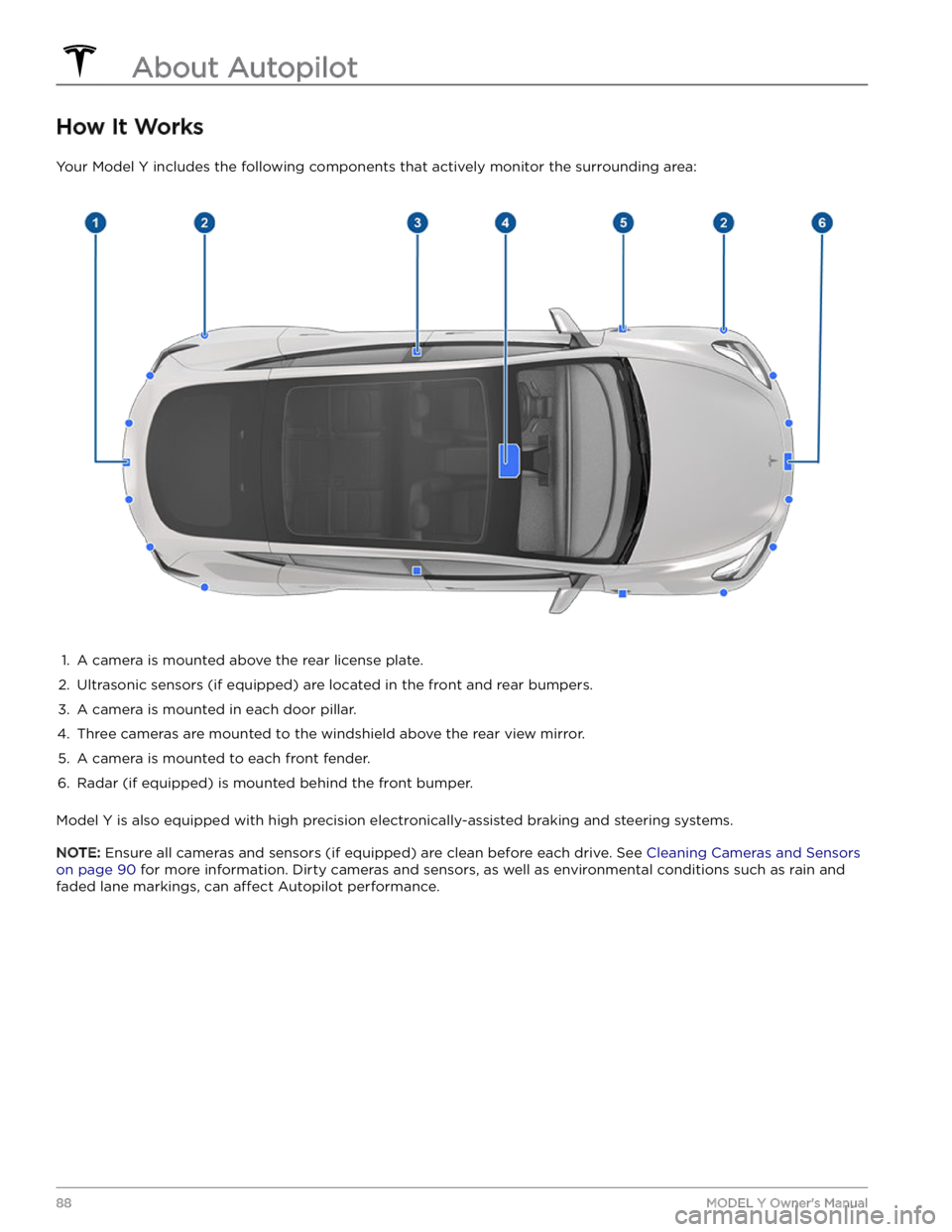 TESLA MODEL Y 2023 Manual Online How It Works
Your Model Y includes the following components that actively monitor the surrounding area:
1.
A camera is mounted above the rear license plate.
2.
Ultrasonic sensors (if equipped) are l TESLA MODEL Y 2023 Manual Online How It Works
Your Model Y includes the following components that actively monitor the surrounding area:
1.
A camera is mounted above the rear license plate.
2.
Ultrasonic sensors (if equipped) are l