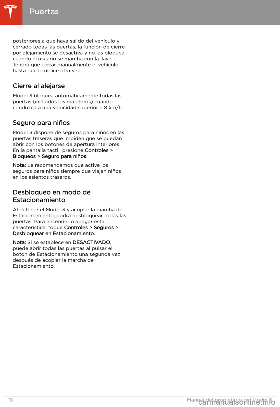 TESLA MODEL 3 2020 Manual del propietario (in Spanish) posteriores a que haya salido del veh TESLA MODEL 3 2020 Manual del propietario (in Spanish) posteriores a que haya salido del veh