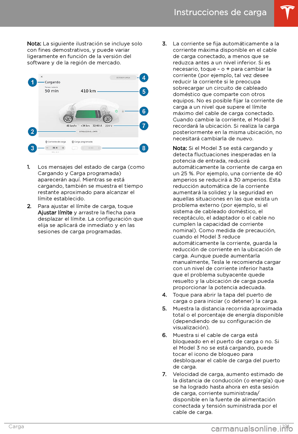 TESLA MODEL 3 2020 Manual del propietario (in Spanish) Nota: La siguiente ilustraci TESLA MODEL 3 2020 Manual del propietario (in Spanish) Nota: La siguiente ilustraci
