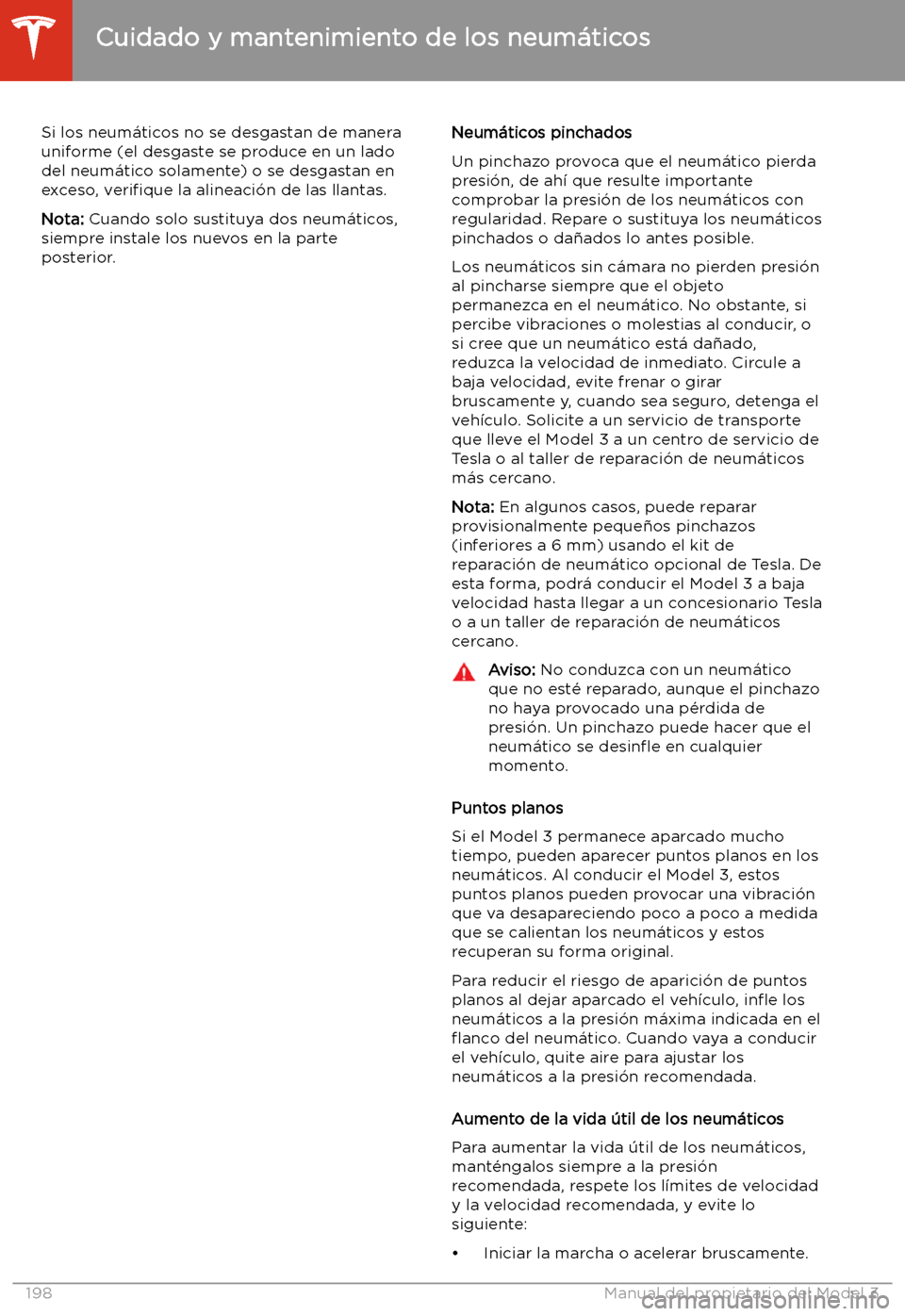 TESLA MODEL 3 2020 Manual del propietario (in Spanish) Si los neum TESLA MODEL 3 2020 Manual del propietario (in Spanish) Si los neum