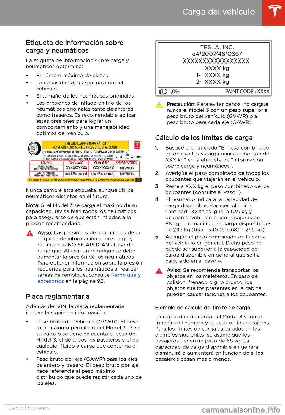 TESLA MODEL 3 2020 Manual del propietario (in Spanish) Etiqueta de informaci TESLA MODEL 3 2020 Manual del propietario (in Spanish) Etiqueta de informaci