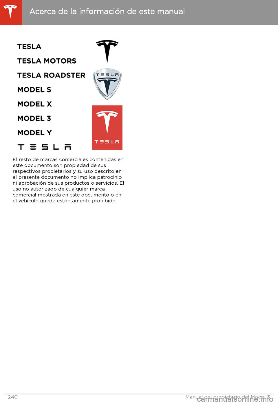 TESLA MODEL 3 2020 Manual del propietario (in Spanish) El resto de marcas comerciales contenidas en
este documento son propiedad de sus respectivos propietarios y su uso descrito enel presente documento no implica patrocinio
ni aprobaci TESLA MODEL 3 2020 Manual del propietario (in Spanish) El resto de marcas comerciales contenidas en
este documento son propiedad de sus respectivos propietarios y su uso descrito enel presente documento no implica patrocinio
ni aprobaci