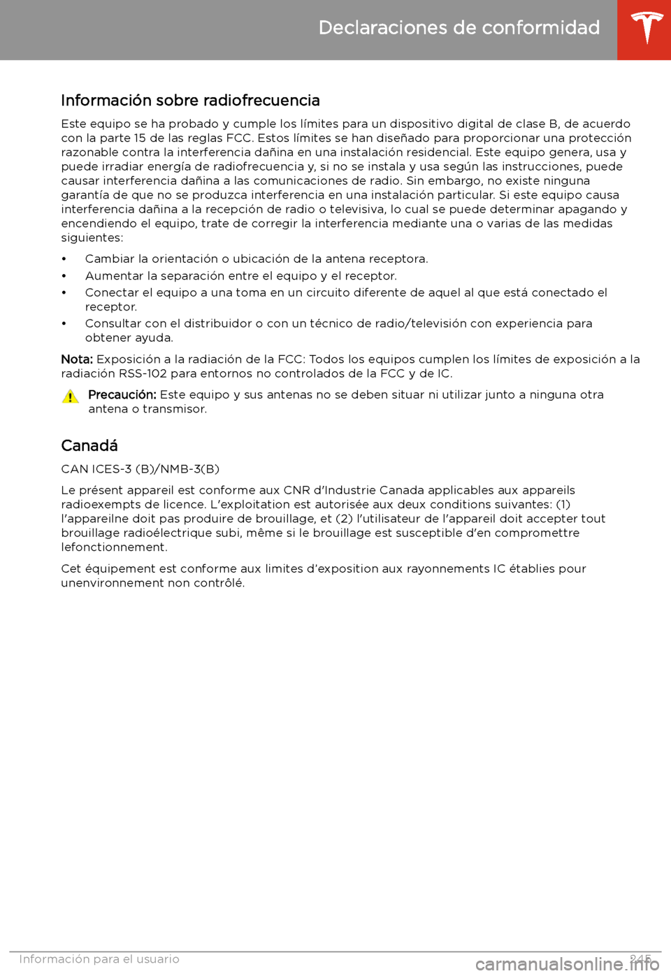 TESLA MODEL 3 2020 Manual del propietario (in Spanish) Informaci TESLA MODEL 3 2020 Manual del propietario (in Spanish) Informaci