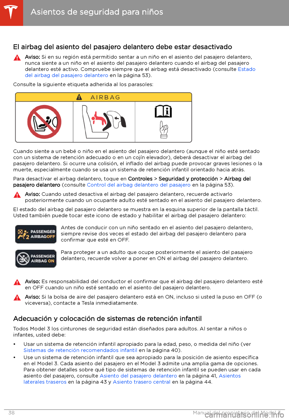 TESLA MODEL 3 2020 Manual del propietario (in Spanish) Asientos de seguridad para ni TESLA MODEL 3 2020 Manual del propietario (in Spanish) Asientos de seguridad para ni
