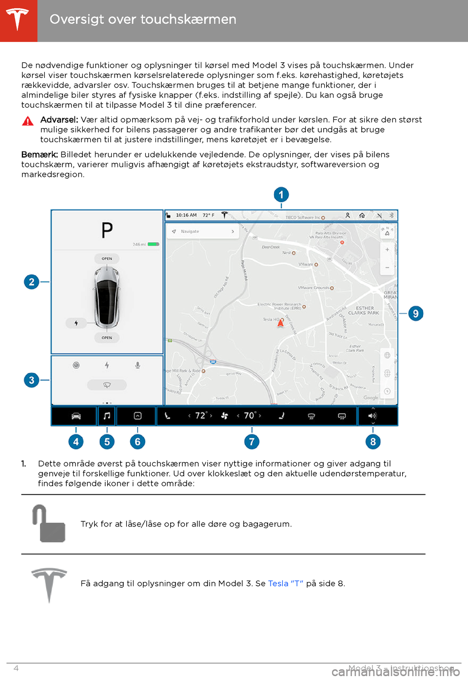 TESLA MODEL 3 2020  Instruktionsbog (in Danish) Oversigt over touchsk