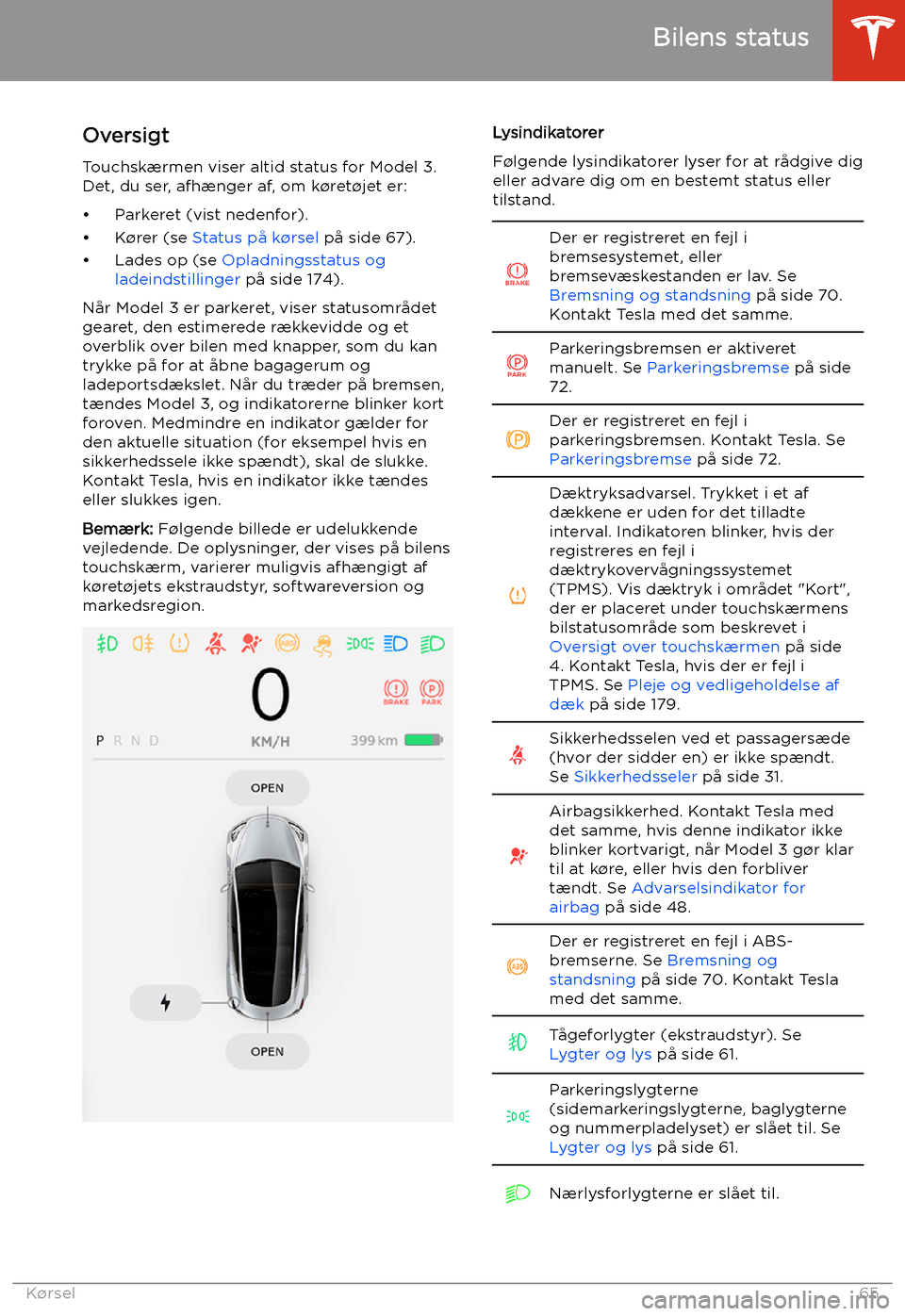 TESLA MODEL 3 2020  Instruktionsbog (in Danish) Bilens status
Oversigt Touchsk