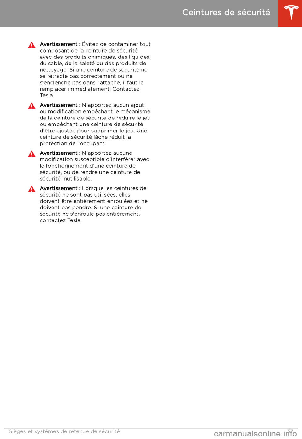 TESLA MODEL 3 2020  Manuel du propriétaire (in French) Avertissement : 