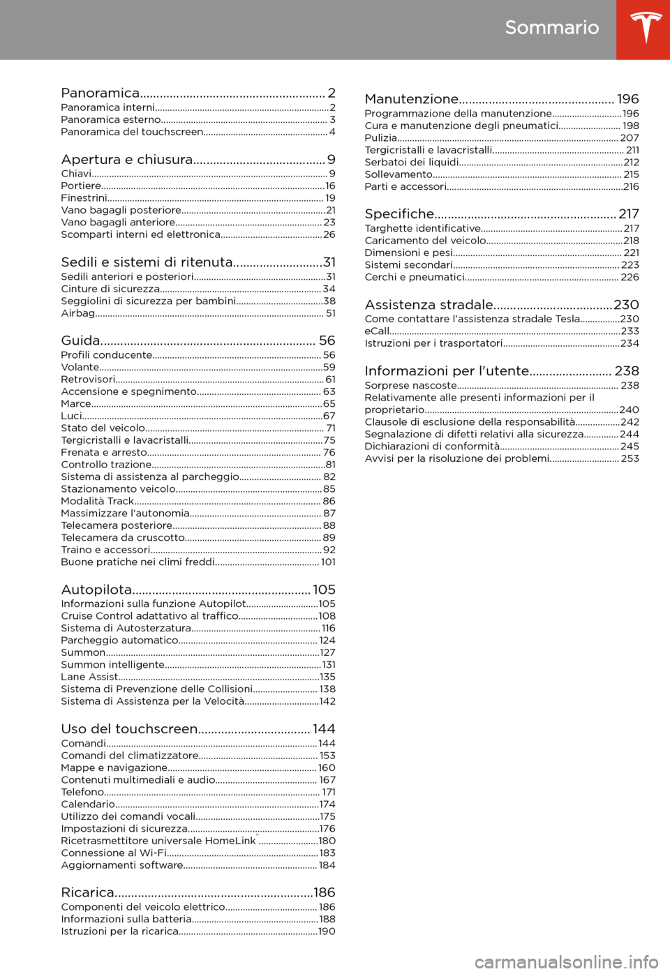 TESLA MODEL 3 2020 Manuale del proprietario (in Italian) Sommario
Panoramica........................................................ 2 Panoramica interni...................................................................... 2Panoramica esterno.............. TESLA MODEL 3 2020 Manuale del proprietario (in Italian) Sommario
Panoramica........................................................ 2 Panoramica interni...................................................................... 2Panoramica esterno..............