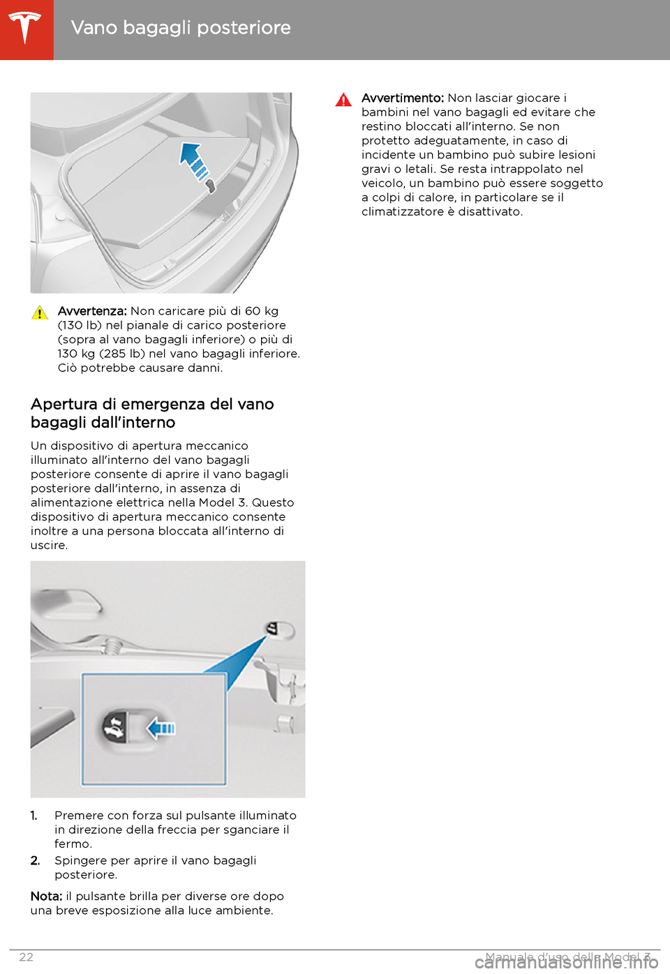 TESLA MODEL 3 2020  Manuale del proprietario (in Italian) Avvertenza: Non caricare pi
