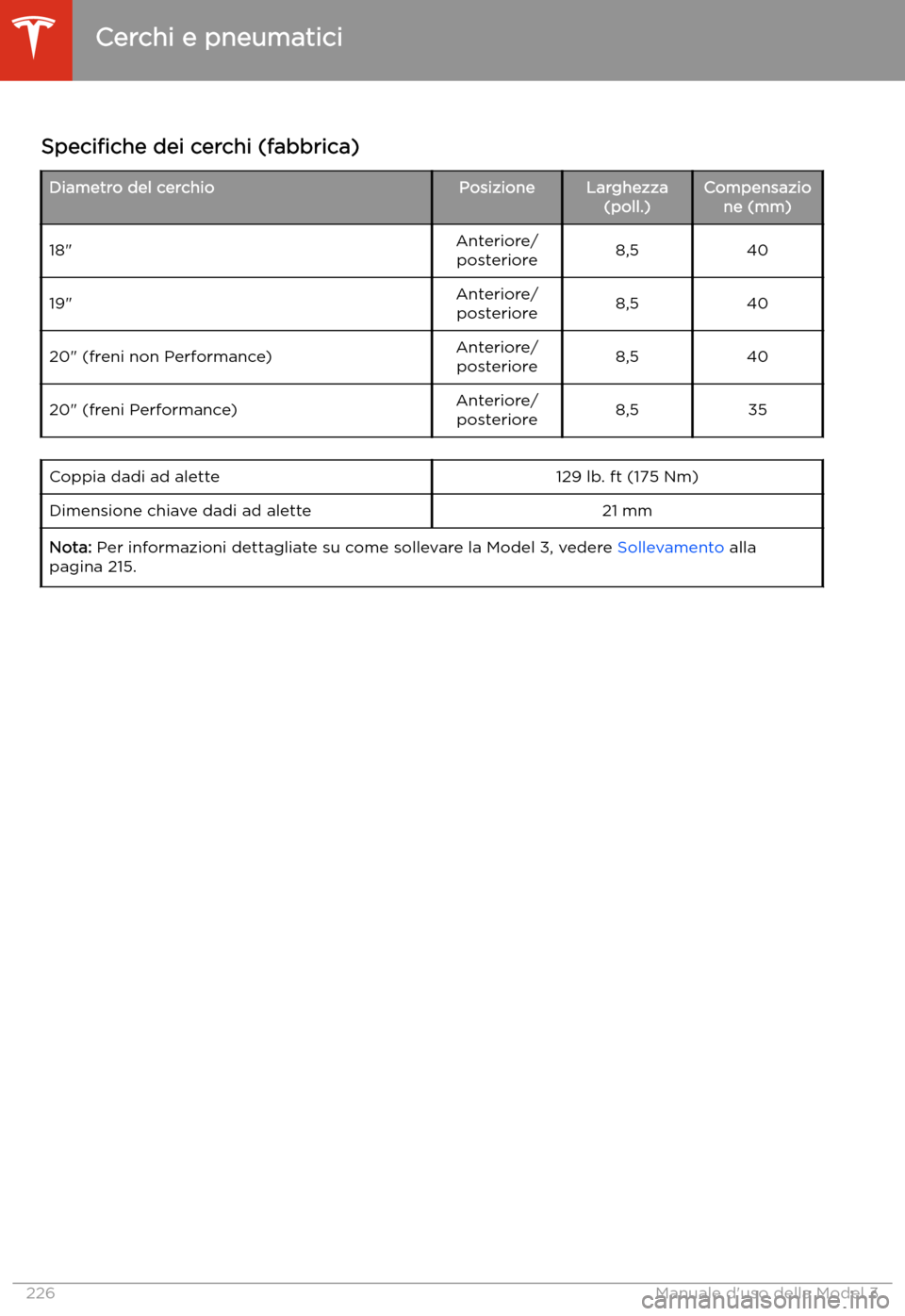 TESLA MODEL 3 2020  Manuale del proprietario (in Italian) Cerchi e pneumatici
Speci