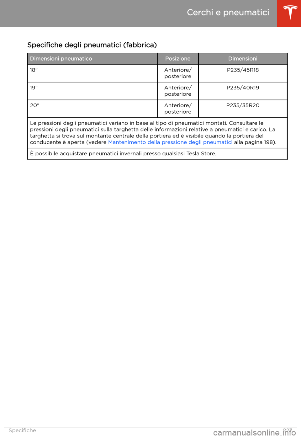 TESLA MODEL 3 2020  Manuale del proprietario (in Italian) Speci