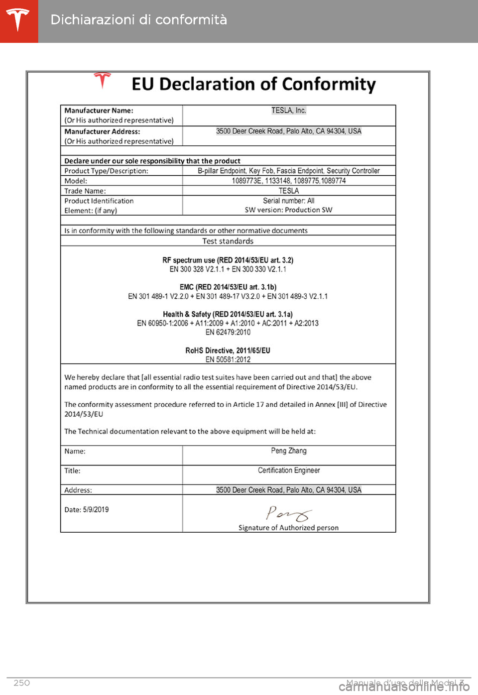 TESLA MODEL 3 2020  Manuale del proprietario (in Italian) Dichiarazioni di conformit