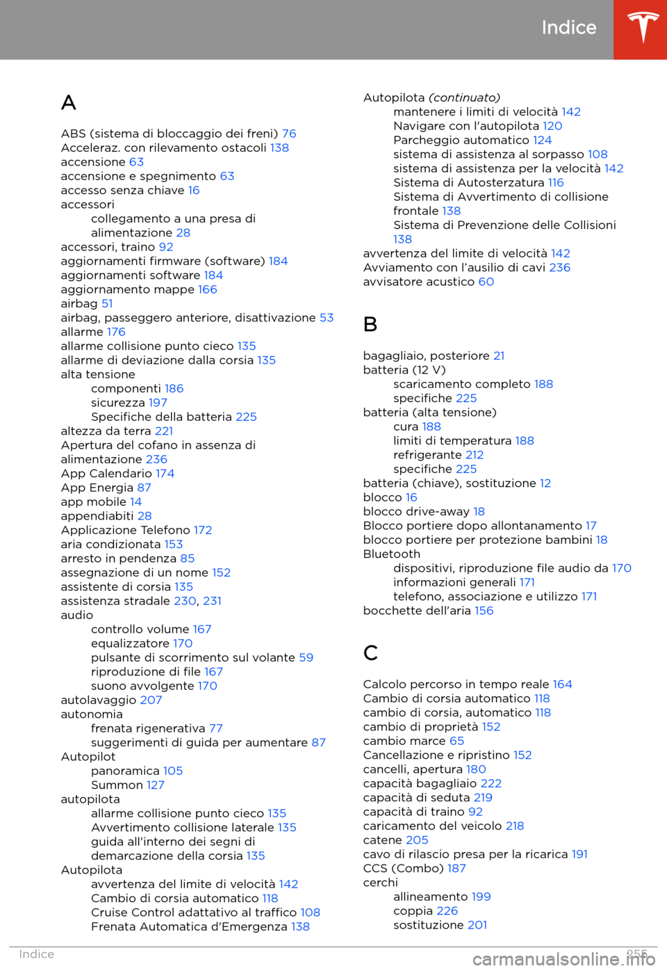 TESLA MODEL 3 2020  Manuale del proprietario (in Italian) Indice
A ABS (sistema di bloccaggio dei freni)  76
Acceleraz. con rilevamento ostacoli  138
accensione  63
accensione e spegnimento  63
accesso senza chiave  16
accessoricollegamento a una presa di
al
