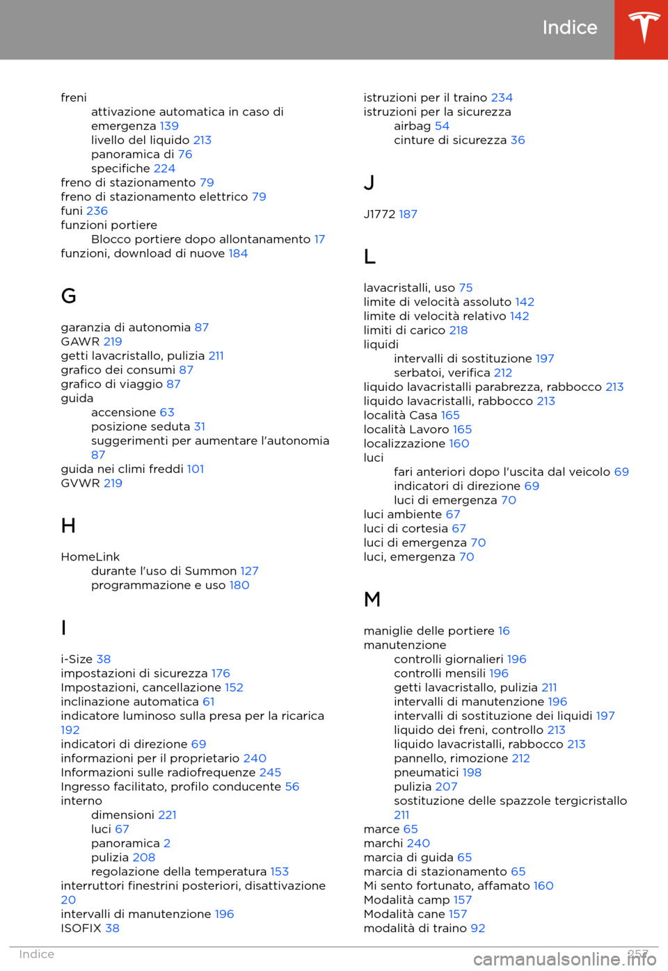 TESLA MODEL 3 2020  Manuale del proprietario (in Italian) freniattivazione automatica in caso di
emergenza  139
livello del liquido  213
panoramica di  76
speci