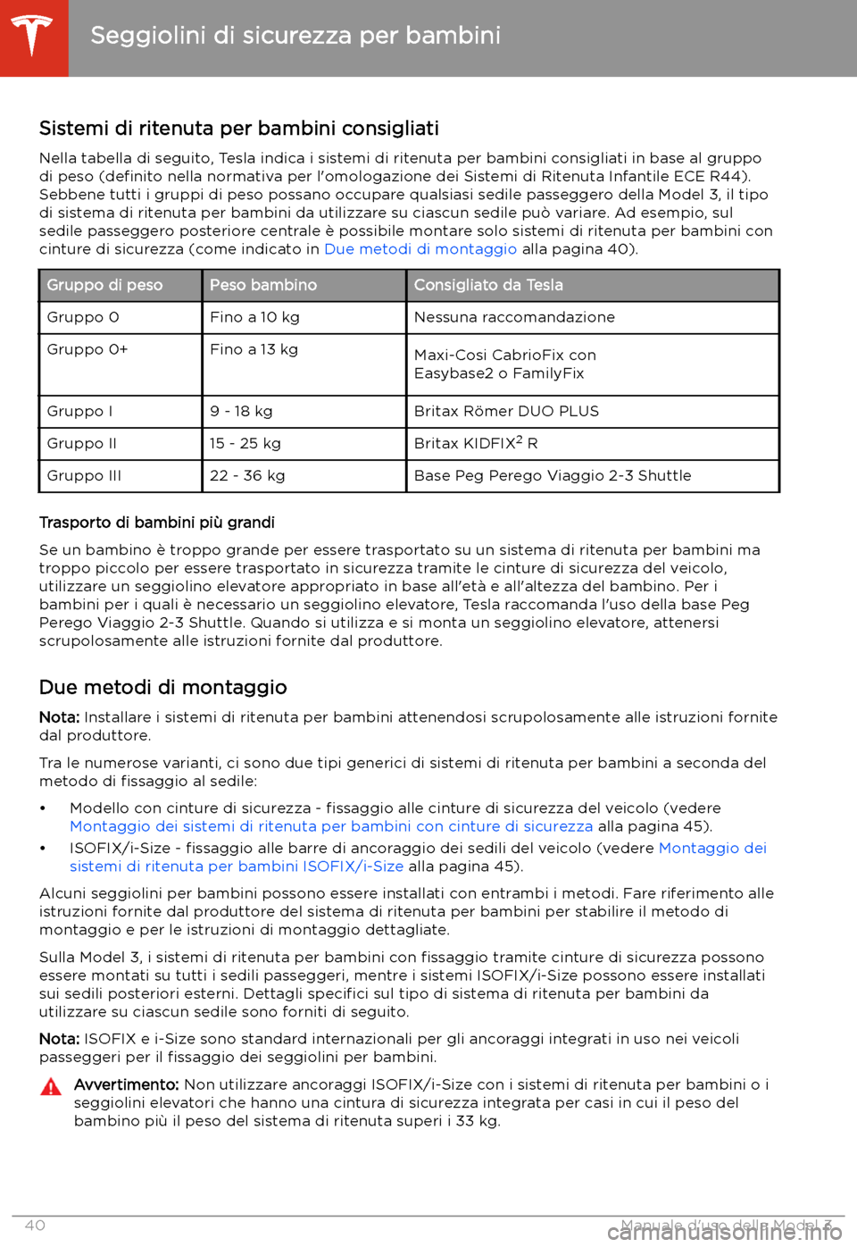 TESLA MODEL 3 2020  Manuale del proprietario (in Italian) Sistemi di ritenuta per bambini consigliati
Nella tabella di seguito, Tesla indica i sistemi di ritenuta per bambini consigliati in base al gruppo
di peso  (de