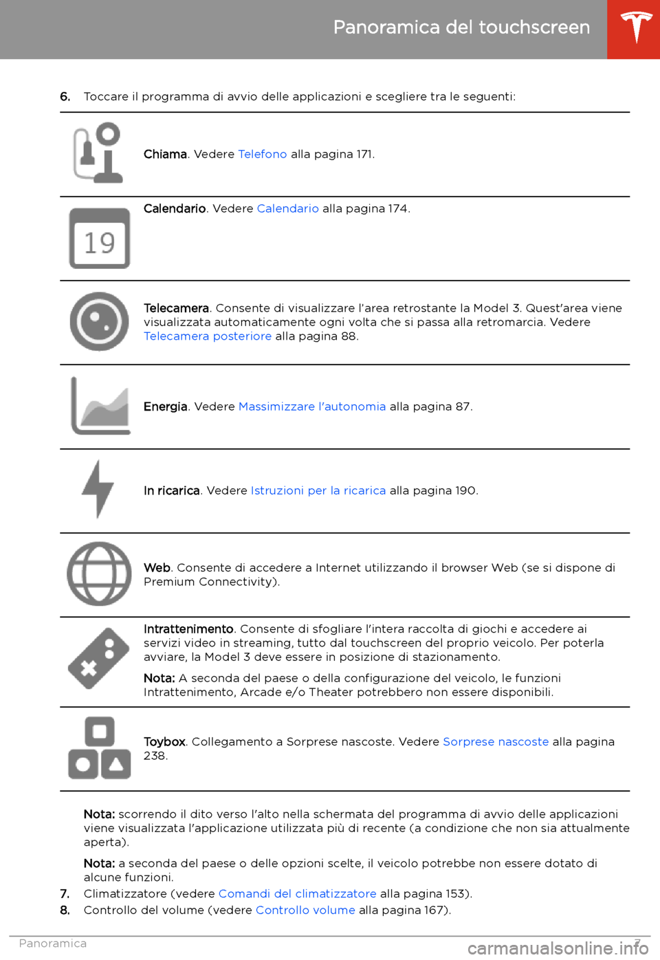 TESLA MODEL 3 2020  Manuale del proprietario (in Italian) 6.Toccare il programma di avvio delle applicazioni e scegliere tra le seguenti:
Chiama . Vedere  Telefono alla pagina 171.
Calendario . Vedere Calendario  alla pagina 174.Telecamera . Consente di visu