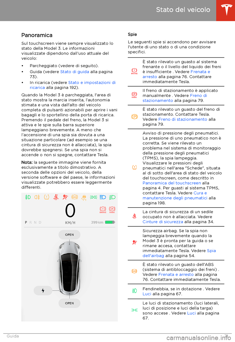 TESLA MODEL 3 2020 Manuale del proprietario (in Italian) Stato del veicolo
Panoramica Sul touchscreen viene sempre visualizzato lo
stato della Model 3. Le informazioni visualizzate dipendono dall TESLA MODEL 3 2020 Manuale del proprietario (in Italian) Stato del veicolo
Panoramica Sul touchscreen viene sempre visualizzato lo
stato della Model 3. Le informazioni visualizzate dipendono dall