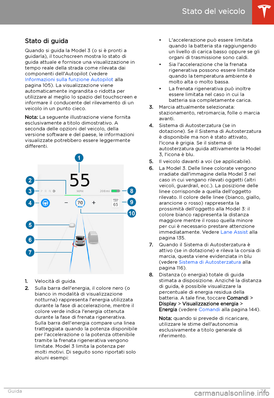 TESLA MODEL 3 2020 Manuale del proprietario (in Italian) Stato di guida
Quando si guida la Model 3 (o si TESLA MODEL 3 2020 Manuale del proprietario (in Italian) Stato di guida
Quando si guida la Model 3 (o si