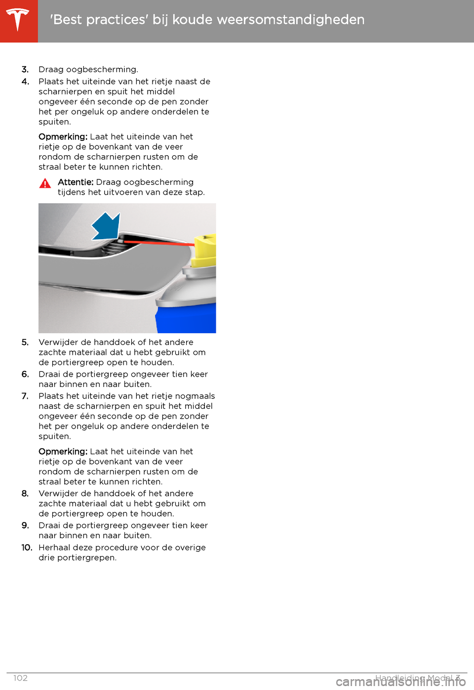 TESLA MODEL 3 2020 Handleiding (in Dutch) 3.Draag oogbescherming.
4. Plaats het uiteinde van het rietje naast de
scharnierpen en spuit het middel ongeveer TESLA MODEL 3 2020 Handleiding (in Dutch) 3.Draag oogbescherming.
4. Plaats het uiteinde van het rietje naast de
scharnierpen en spuit het middel ongeveer