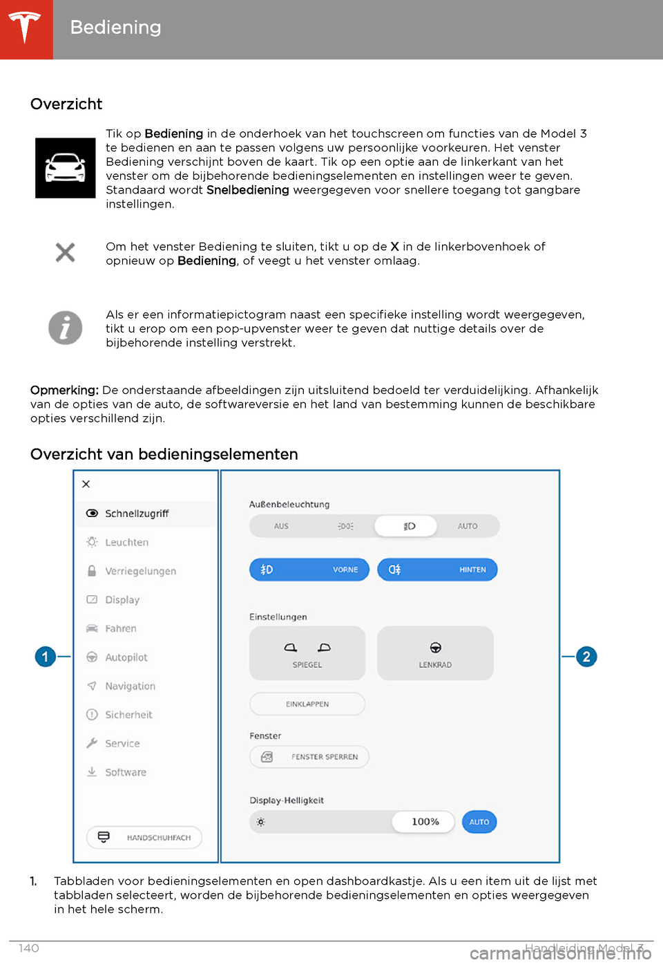 TESLA MODEL 3 2020  Handleiding (in Dutch) Touchscreen gebruiken
Bediening
Overzicht
Tik op  Bediening  in de onderhoek van het touchscreen om functies van de Model 3
te bedienen en aan te passen volgens uw persoonlijke voorkeuren. Het venster