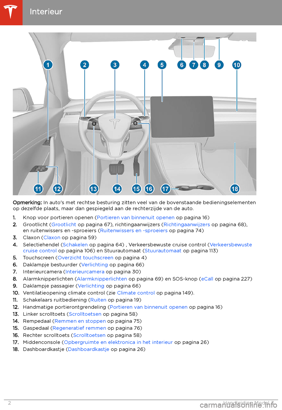 TESLA MODEL 3 2020  Handleiding (in Dutch) Overzicht
Interieur
Opmerking:  In auto