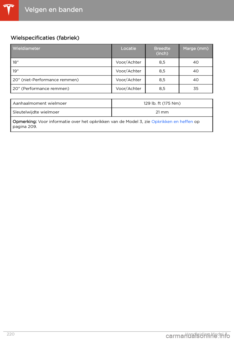 TESLA MODEL 3 2020  Handleiding (in Dutch) Velgen en banden
Wielspeci
