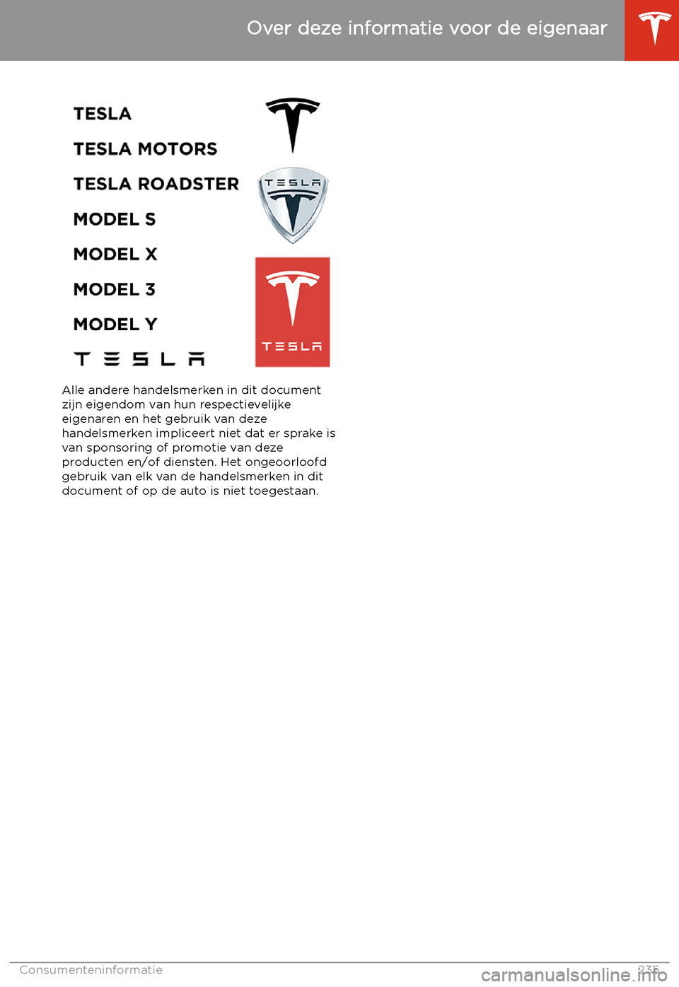 TESLA MODEL 3 2020  Handleiding (in Dutch) Alle andere handelsmerken in dit documentzijn eigendom van hun respectievelijke
eigenaren en het gebruik van deze
handelsmerken impliceert niet dat er sprake is
van sponsoring of promotie van deze
pro