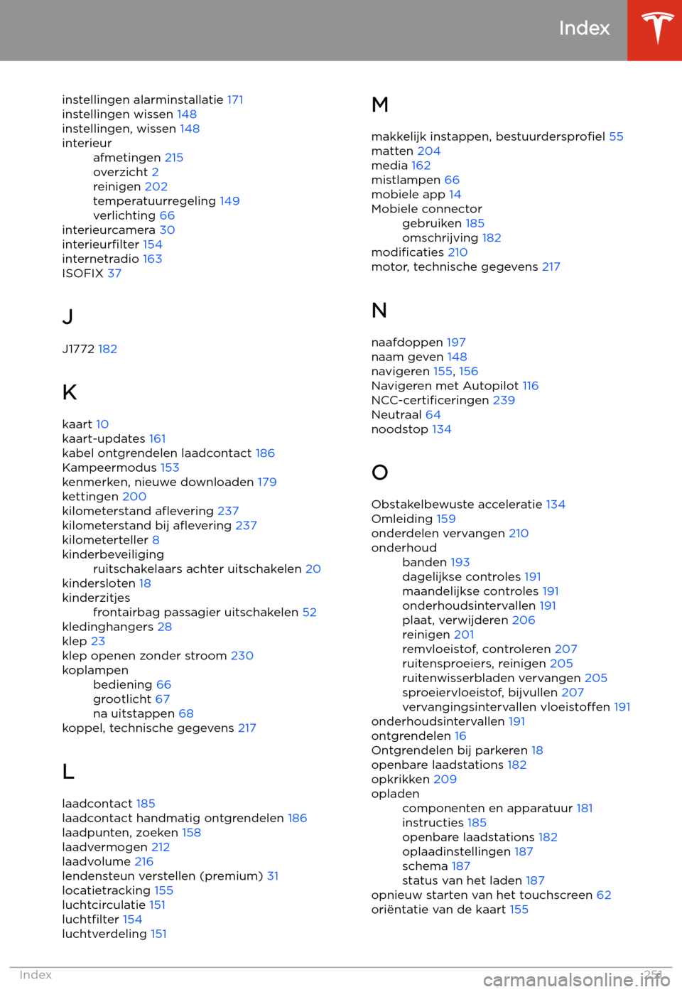TESLA MODEL 3 2020  Handleiding (in Dutch) instellingen alarminstallatie 171
instellingen wissen  148
instellingen, wissen  148interieurafmetingen 215
overzicht  2
reinigen  202
temperatuurregeling  149
verlichting  66
interieurcamera  30
inte