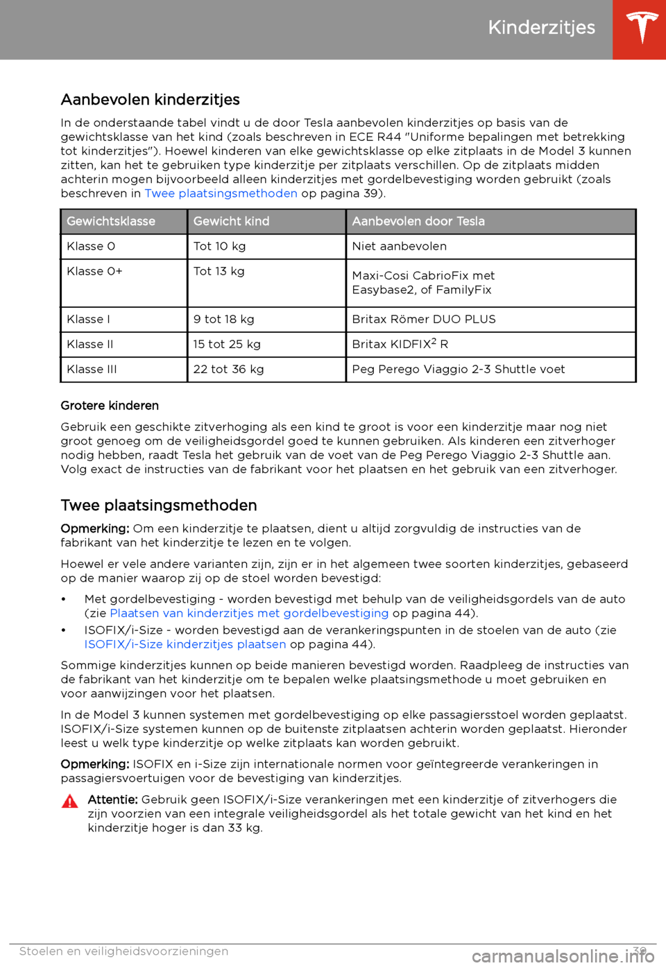 TESLA MODEL 3 2020 Handleiding (in Dutch) Aanbevolen kinderzitjes
In de onderstaande tabel vindt u de door Tesla aanbevolen kinderzitjes op basis van de
gewichtsklasse van het kind (zoals beschreven in ECE R44 "Uniforme bepalingen met betrekk TESLA MODEL 3 2020 Handleiding (in Dutch) Aanbevolen kinderzitjes
In de onderstaande tabel vindt u de door Tesla aanbevolen kinderzitjes op basis van de
gewichtsklasse van het kind (zoals beschreven in ECE R44 "Uniforme bepalingen met betrekk