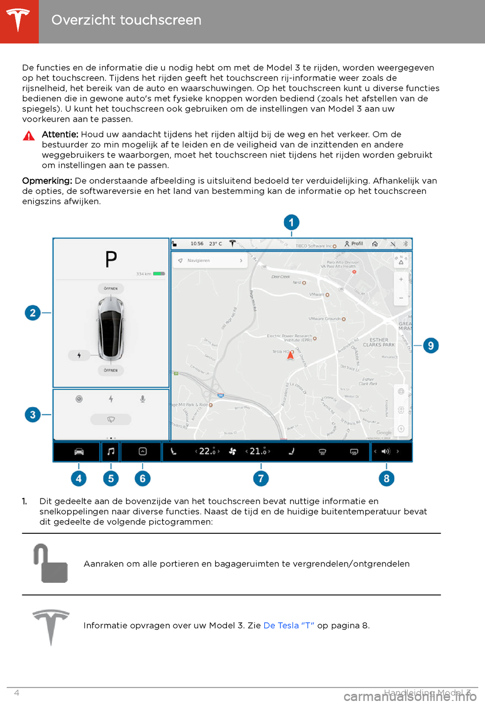 TESLA MODEL 3 2020  Handleiding (in Dutch) Overzicht touchscreen
De functies en de informatie die u nodig hebt om met de Model 3 te rijden, worden weergegeven op het touchscreen. Tijdens het rijden geeft het touchscreen rij-informatie weer zoa