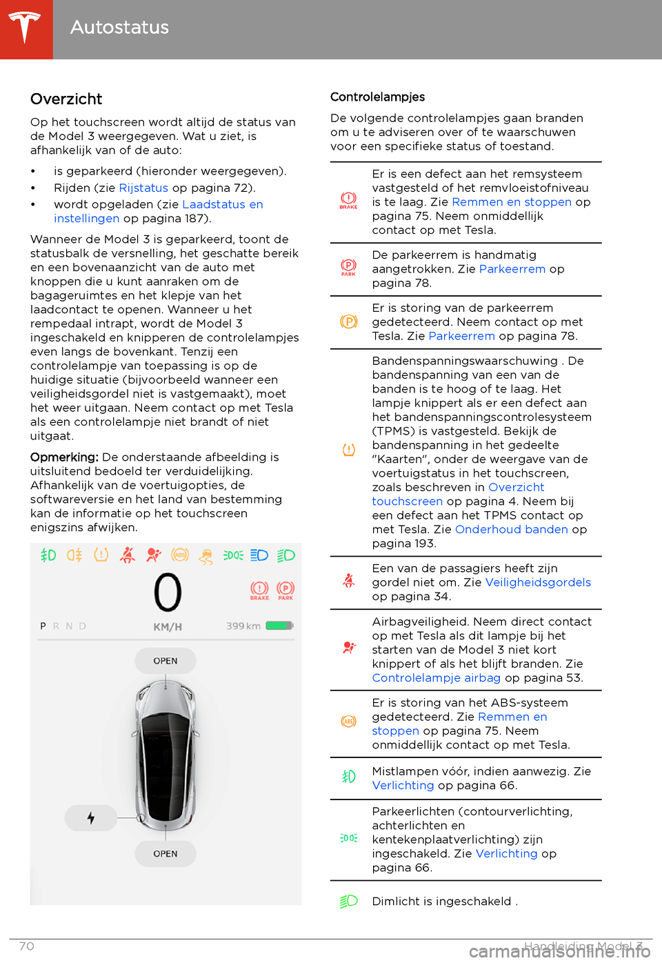 TESLA MODEL 3 2020  Handleiding (in Dutch) Autostatus
Overzicht
Op het touchscreen wordt altijd de status van
de Model 3 weergegeven. Wat u ziet, is afhankelijk van of de auto:
