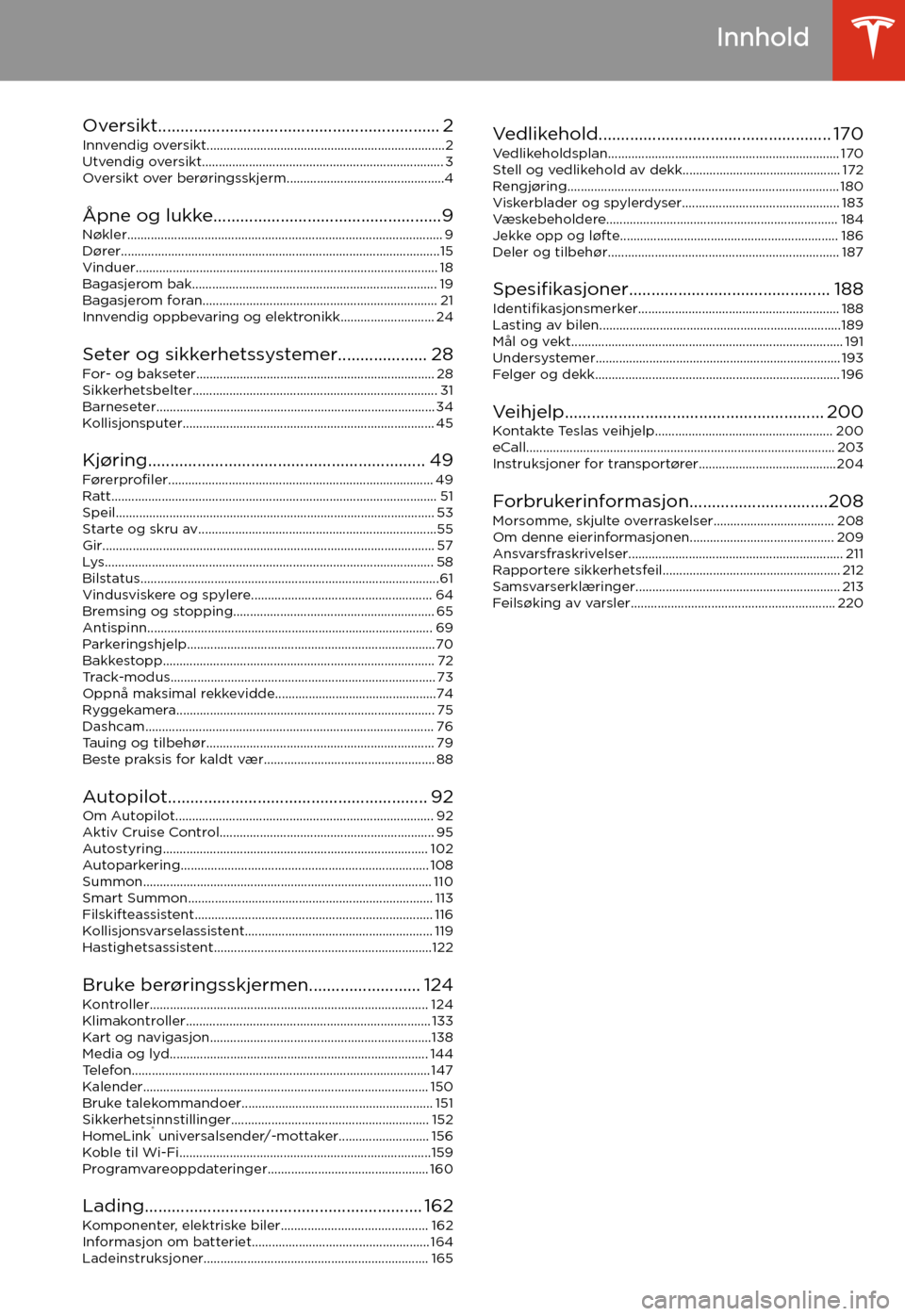 TESLA MODEL 3 2020  Brukerhåndbok (in Norwegian) Innhold
Oversikt............................................................... 2 Innvendig oversikt.......................................................................2Utvendig oversikt...........