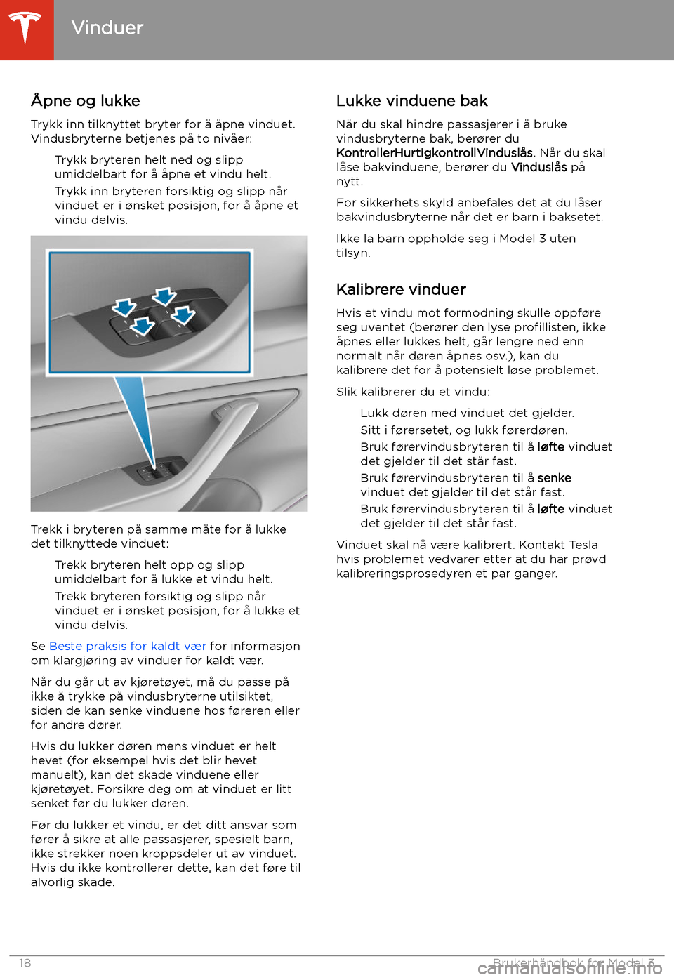 TESLA MODEL 3 2020  Brukerhåndbok (in Norwegian) Vinduer
