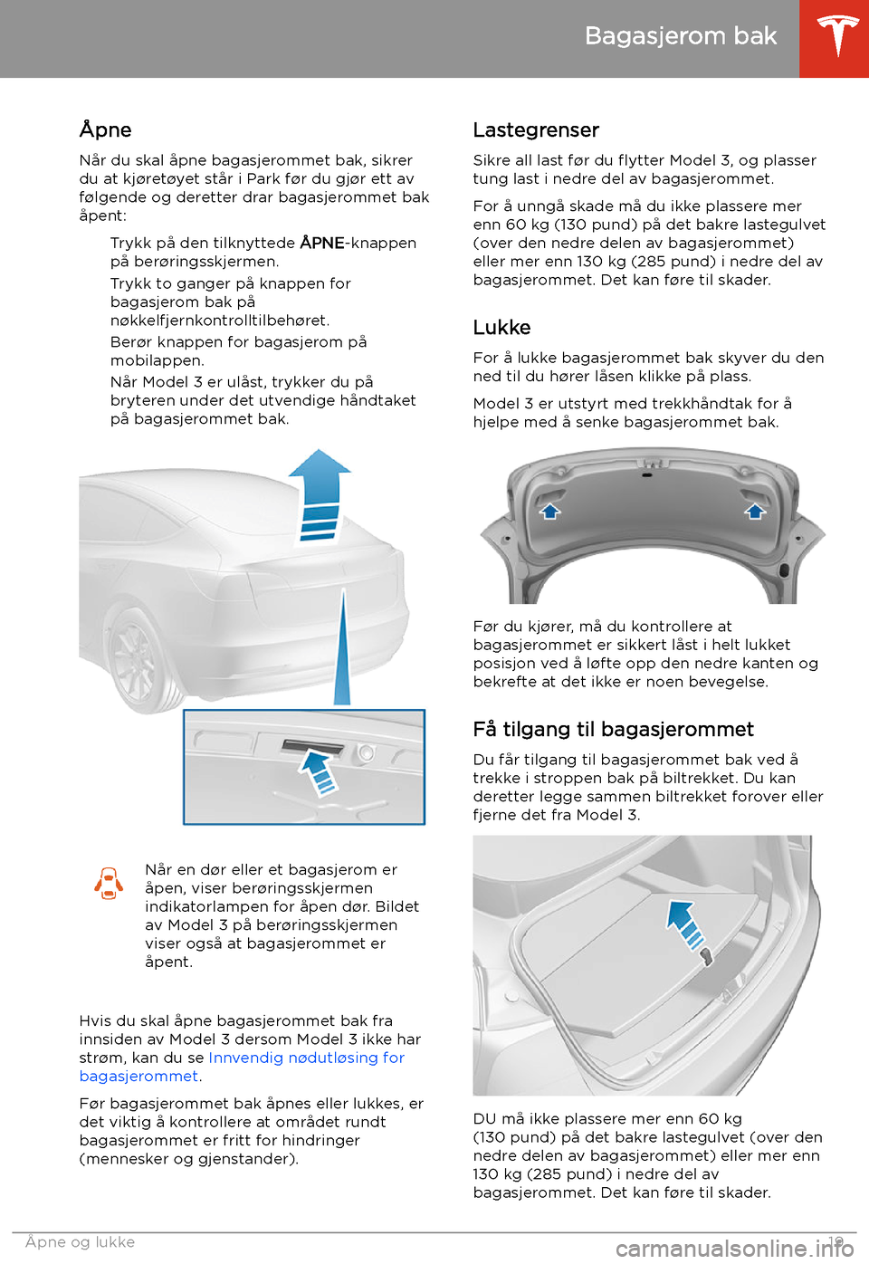 TESLA MODEL 3 2020  Brukerhåndbok (in Norwegian) Bagasjerom bak
