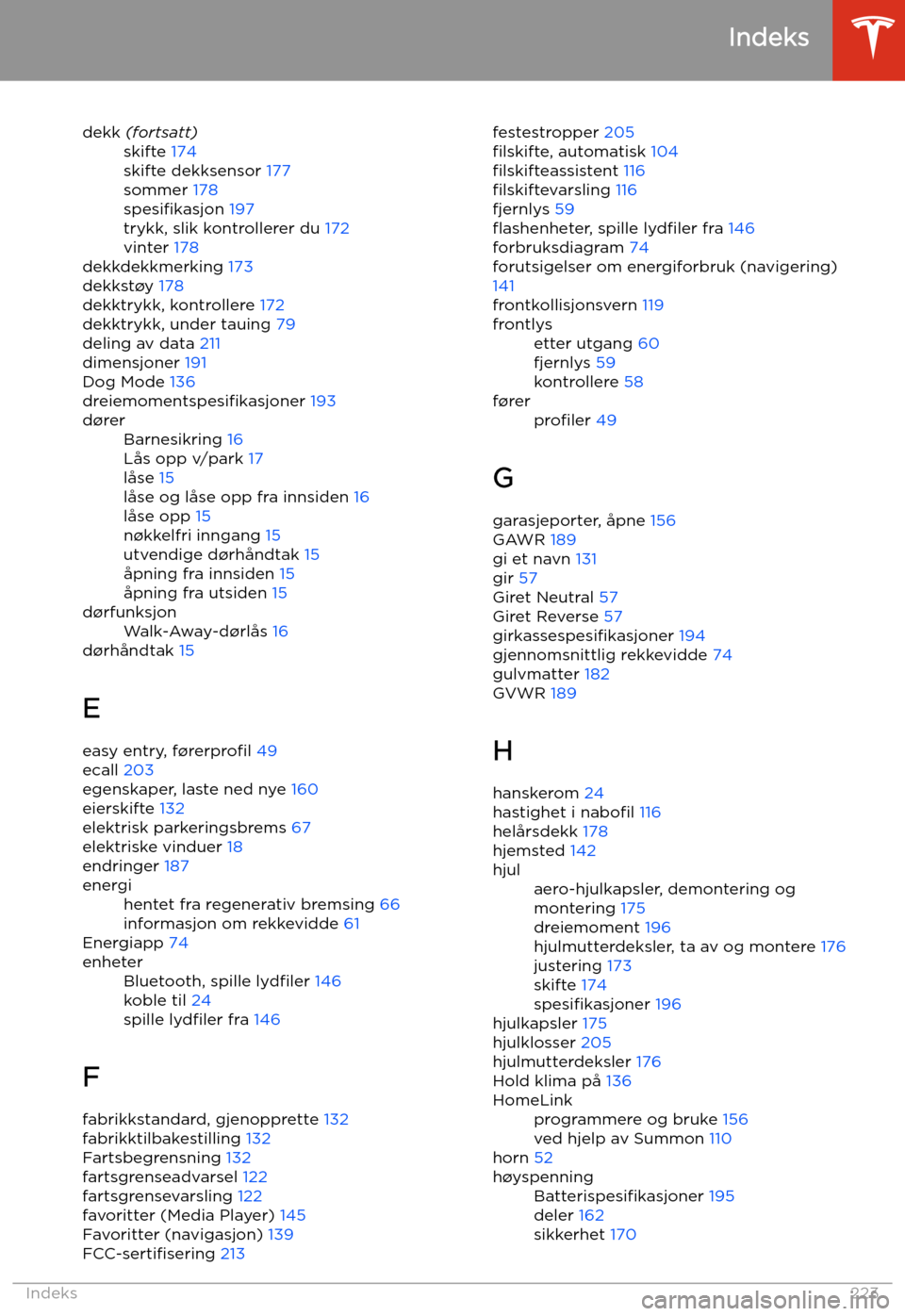 TESLA MODEL 3 2020  Brukerhåndbok (in Norwegian) dekk (fortsatt)skifte  174
skifte dekksensor  177
sommer  178
spesi