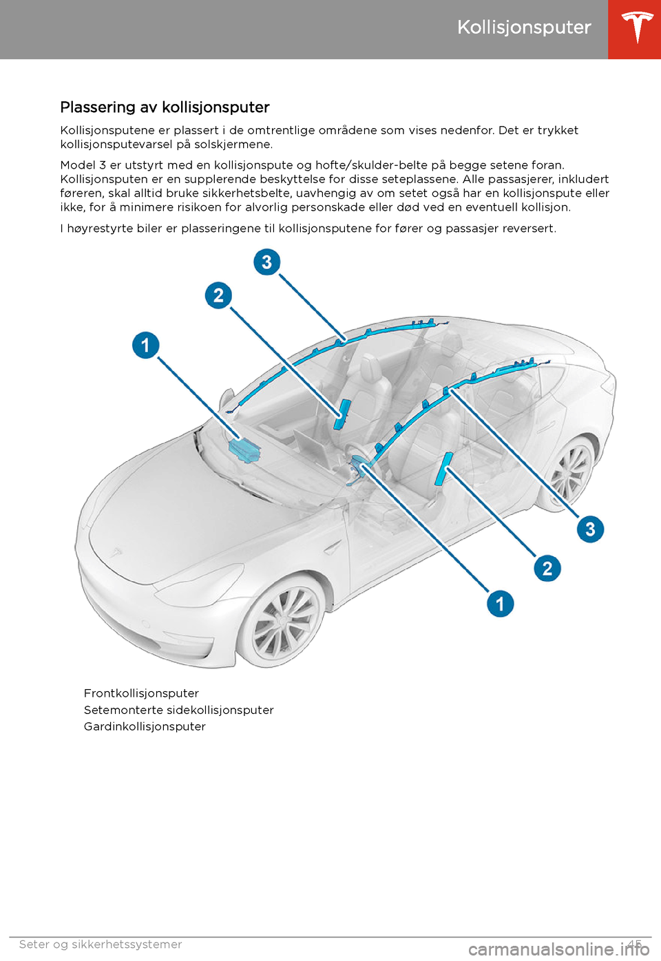 TESLA MODEL 3 2020  Brukerhåndbok (in Norwegian) Kollisjonsputer
Plassering av kollisjonsputer Kollisjonsputene er plassert i de omtrentlige områdene som vises nedenfor. Det er trykket
kollisjonsputevarsel på solskjermene.
Model 3 er utstyrt med e