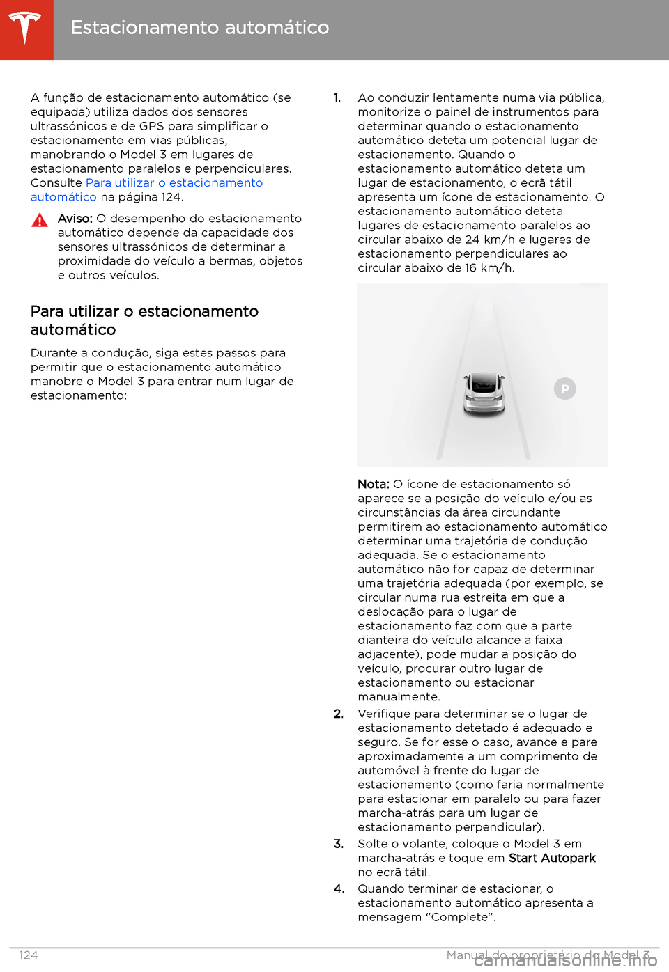 TESLA MODEL 3 2020 Manual do proprietário (in Portuguese) Estacionamento autom TESLA MODEL 3 2020 Manual do proprietário (in Portuguese) Estacionamento autom