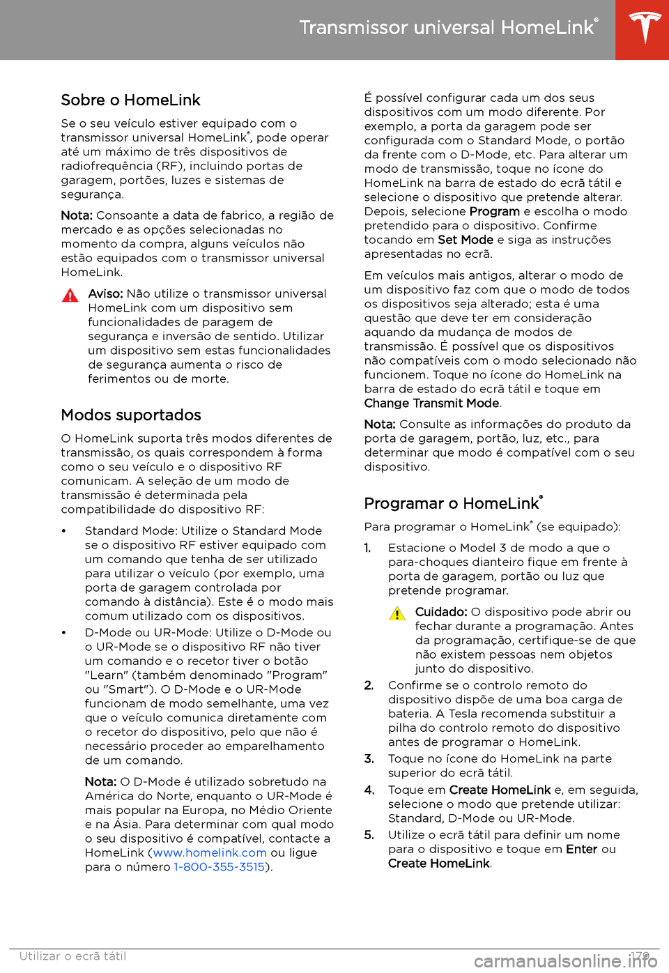 TESLA MODEL 3 2020  Manual do proprietário (in Portuguese) Transmissor universal HomeLink