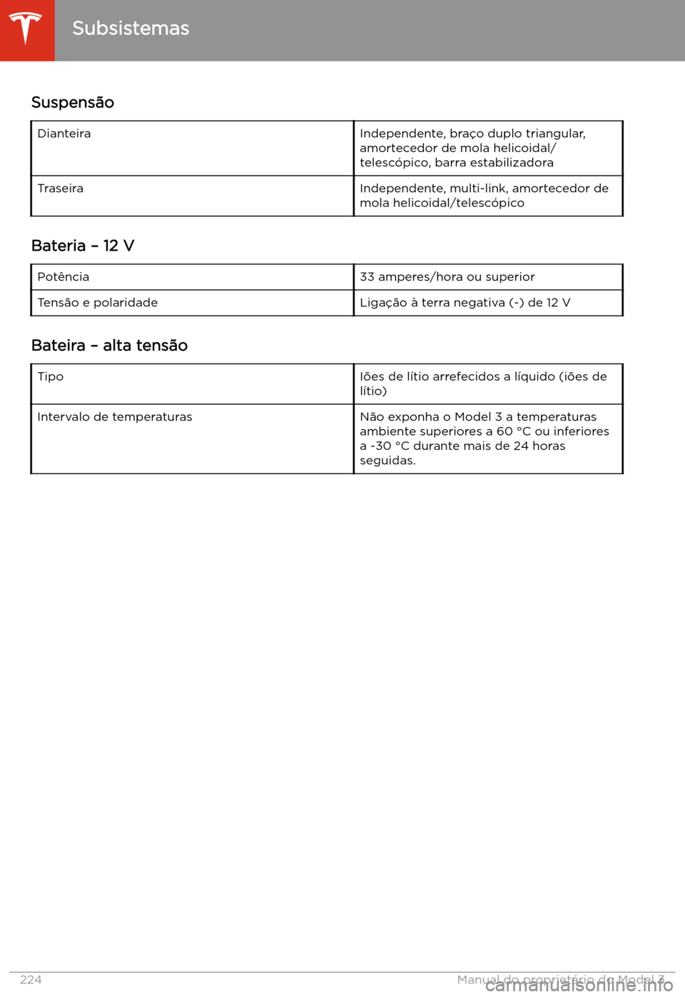 TESLA MODEL 3 2020 Manual do proprietário (in Portuguese) Suspens TESLA MODEL 3 2020 Manual do proprietário (in Portuguese) Suspens