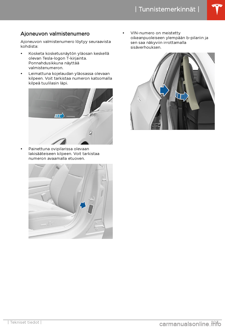 TESLA MODEL 3 2020 Omistajan käsikirja (in Finnish) Tekniset tiedot
Tunnistemerkinn TESLA MODEL 3 2020 Omistajan käsikirja (in Finnish) Tekniset tiedot
Tunnistemerkinn