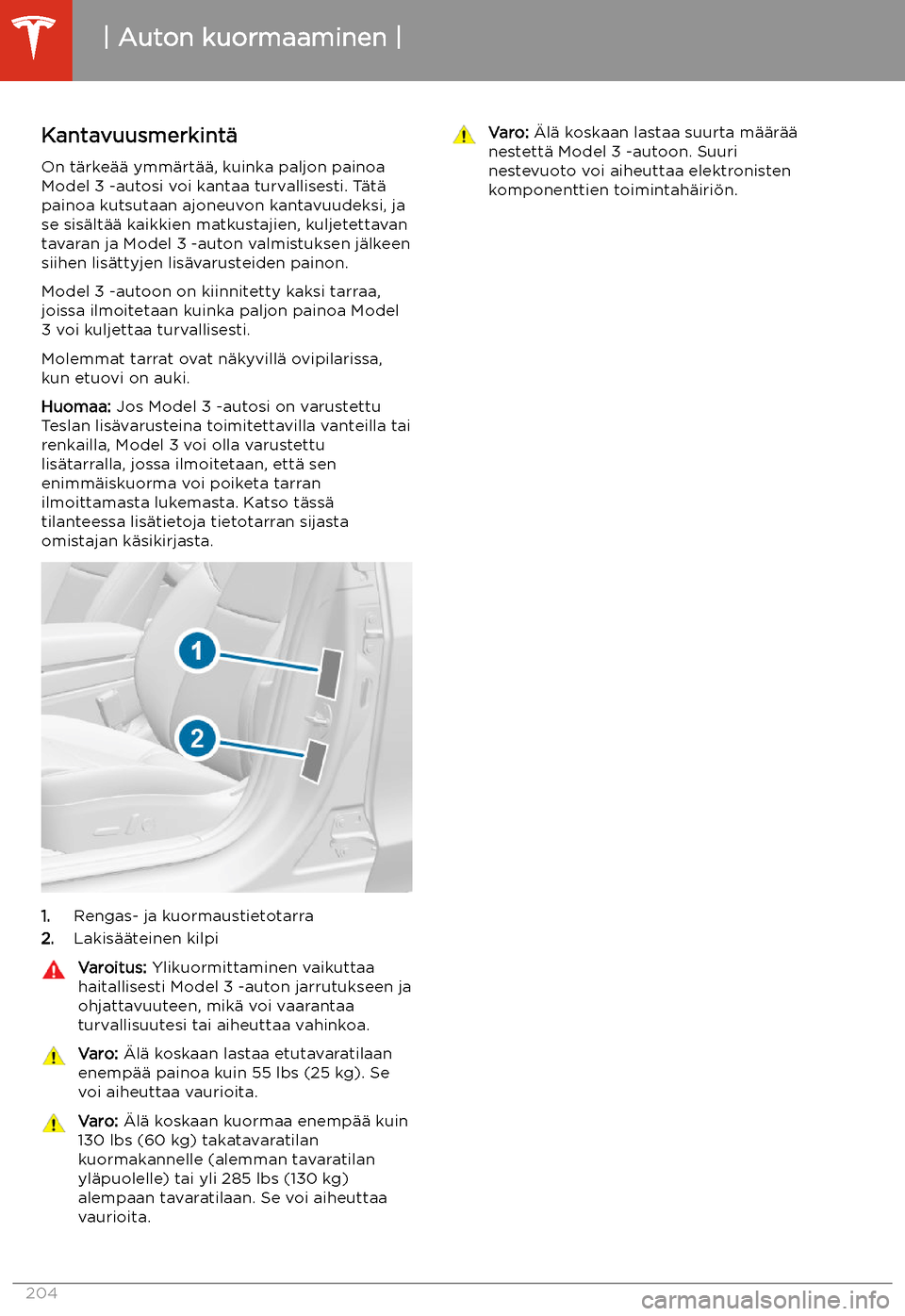 TESLA MODEL 3 2020 Omistajan käsikirja (in Finnish) Auton kuormaaminen
Kantavuusmerkint TESLA MODEL 3 2020 Omistajan käsikirja (in Finnish) Auton kuormaaminen
Kantavuusmerkint